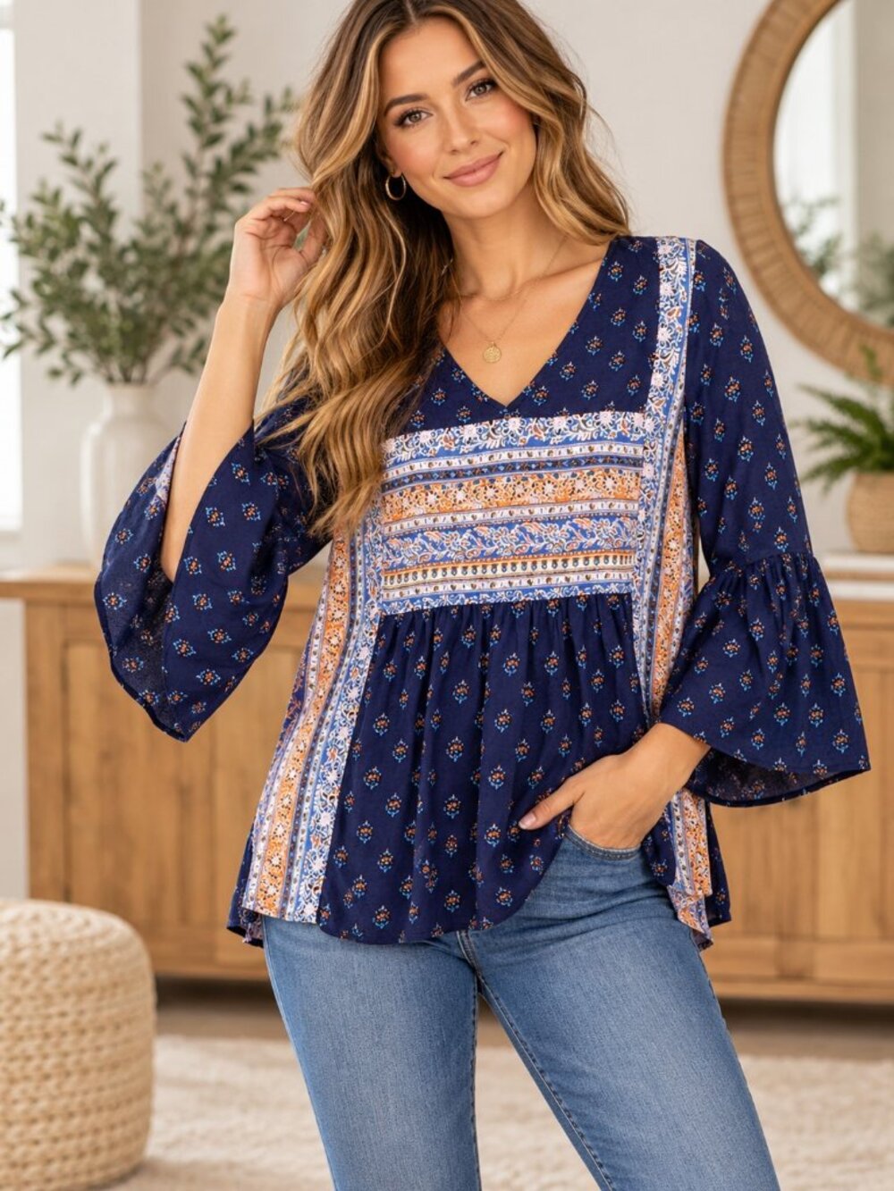 Entro Blue Floral Boho Peasant Blouse Bell Sleeve Babydoll Top Womens Small